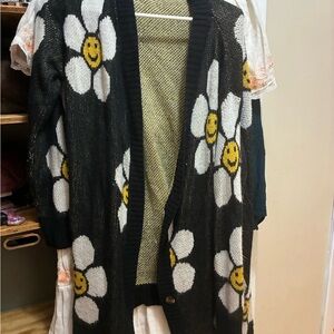 Black Cardigan with Smiley Flower Design